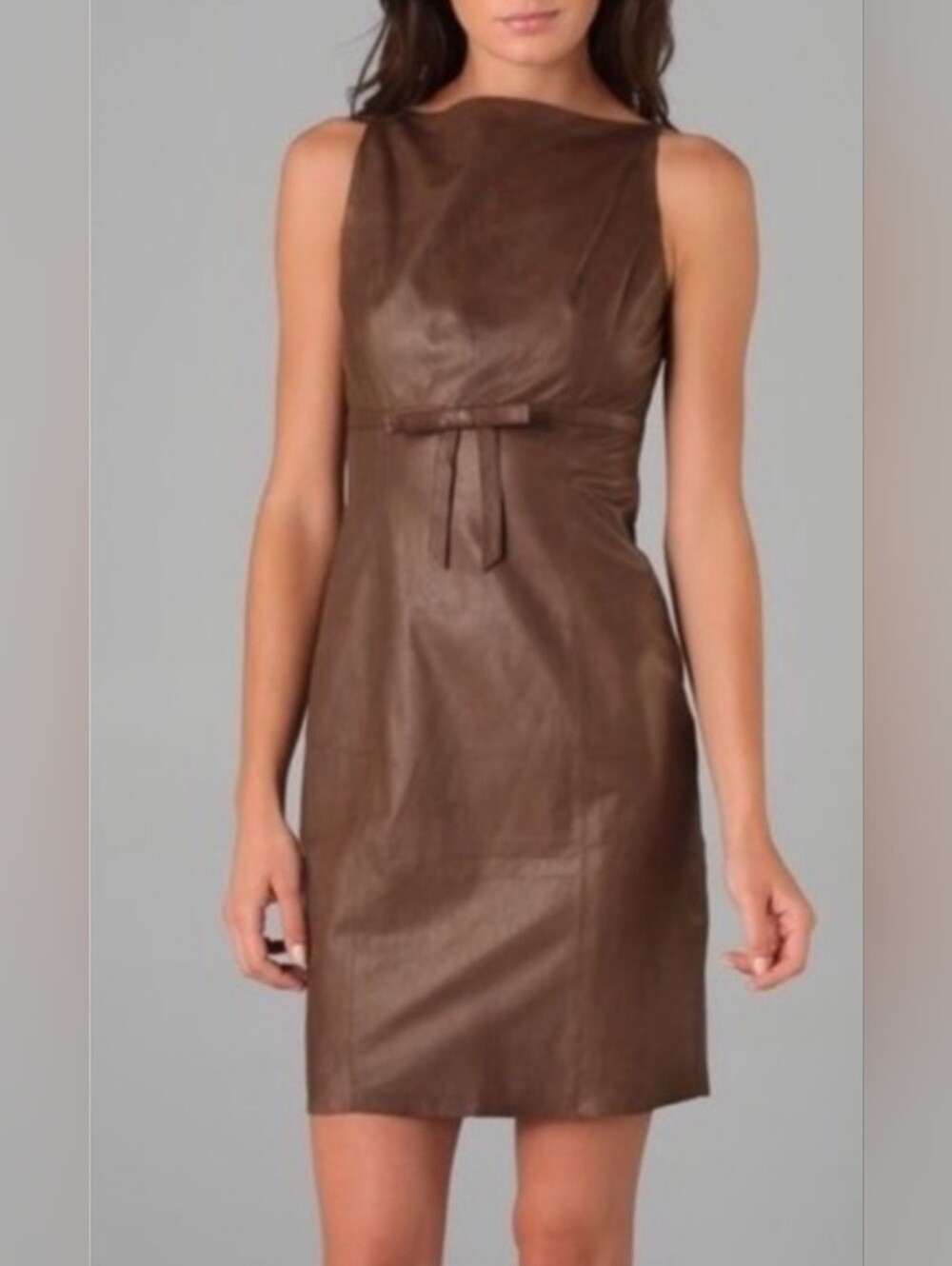 Robert Rodriguez Tan Brown Sleeveless Leather Bow Boat Neck Size 0 Dress